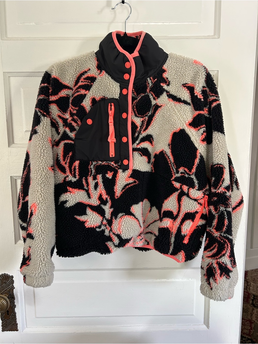 Free People Cozy Sherpa Pullover Jacket in Black, Cream & Neon Coral. XS